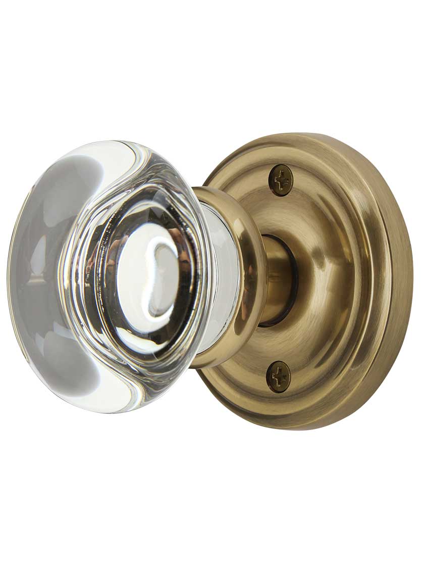 Classic Rosette Door Set with Providence Crystal Glass Knobs in Antique Brass.